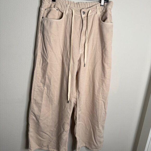 Pilcro Women's Large Wide Leg Cropped Pants Beige Drawstring Waist Casual - Picture 1 of 3